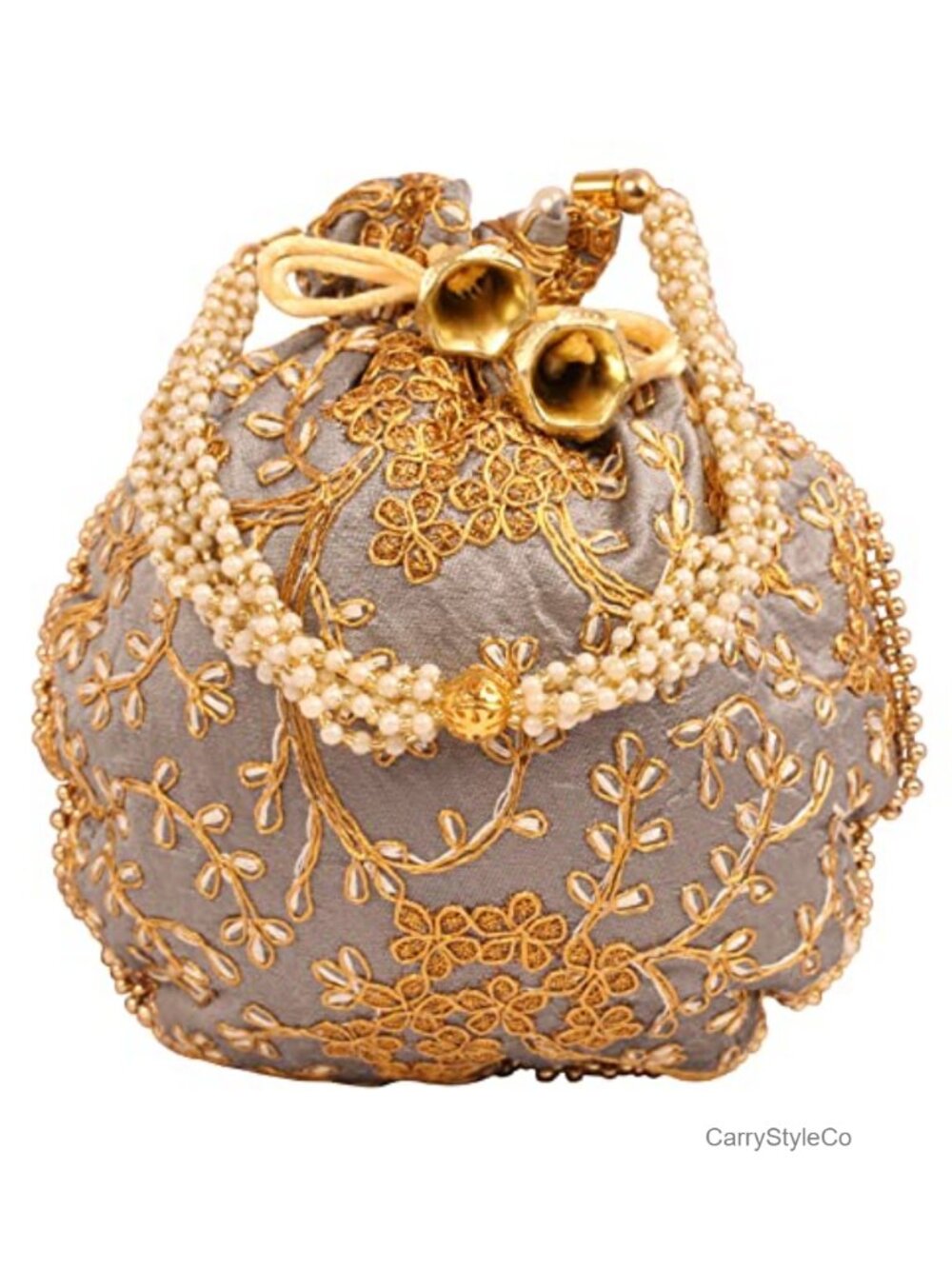 Hand Embroidered Faux Pearl Drawstring Potli Clutch Pouch for Wedding Prom